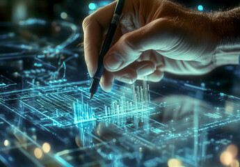 Engineer designing futuristic circuit board with interactive hologram display