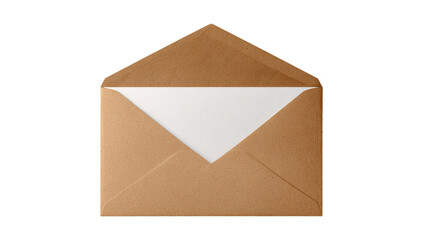 Open brown envelope with white paper isolated on transparent background for sending a letter or invitation