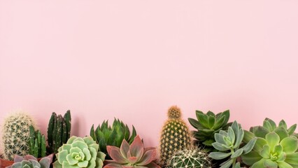 Various types of succulents and cactuses on a pink background with copy space