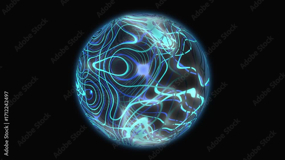 Poster a neon-lit sphere with intertwined glowing lines of turquoise and blue on its surface. the lines for