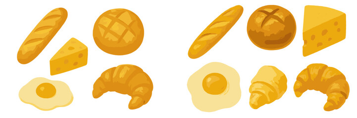 Variety of fresh baked goods and breakfast food elements including baguette round bread cheese croissant fried egg