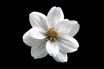 Fototapeta premium Striking white anemone flower in bloom with yellow stamen, isolated on a black background.