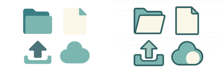 Collection of digital file management icons including folder document upload and cloud storage symbols for modern web and app interfaces