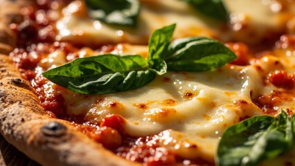 close up of pizza with tomato, cheese and basil