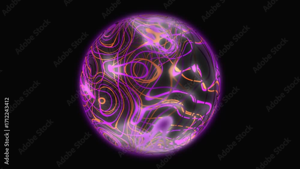 Poster a neon-lit sphere with glowing purple and orange lines intertwined on its surface. the lines form a 