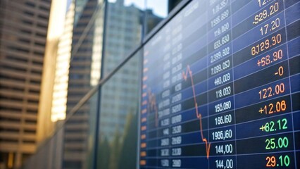 A financial display board shows stock prices and market trends, reflecting economic activity in an urban environment.