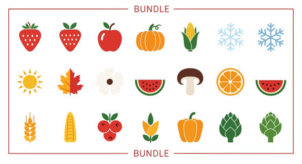 Seasonal Harvest and Nature Icons Bundle Featuring Fruits Vegetables and Weather Elements.