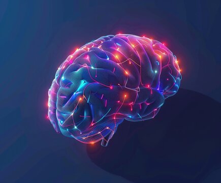 A 3D rendering of a human brain, illuminated with vibrant, interconnected nodes of light, set against a dark blue backdrop.  The image emphasizes neural pathways - Powered by Adobe