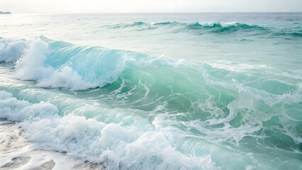 Fototapeta premium Turquoise ocean waves crashing on sandy shoreline serene beach landscape