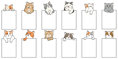 Set of 12 cute cartoon cats peeking out from blank signs. Adorable  kittens with different colors and expressions – perfect for stickers, cards, planners, scrapbooking. Vector style.