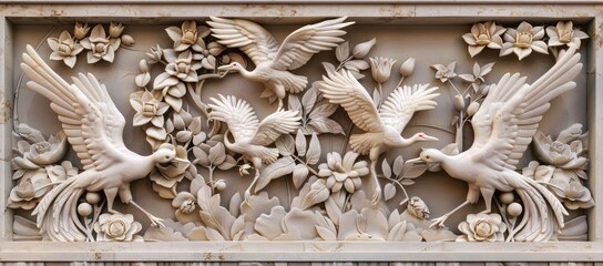 Chinese style relief sculpture of flying cranes and flowers in a symmetrical composition. The light beige color tone and delicate texture