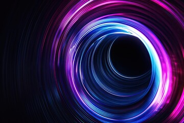 Abstract swirling neon circles in vibrant pink, purple, and blue hues against a black background, creating a dynamic and energetic visual effect