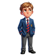 Young boy in school uniform standing looking up with a slightly worried expression