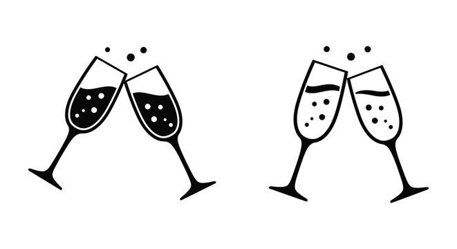 Two pairs of champagne glasses toasting a celebration in black and white