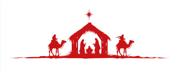 Red nativity scene silhouette with three wise men and star of bethlehem