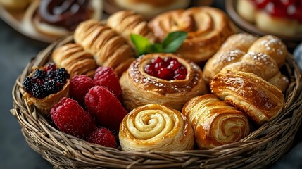 Fototapeta premium Fresh baked danish pastries and croissants with raspberries and blackberries in woven basket, close up view of sweet breakfast pastries and berries.