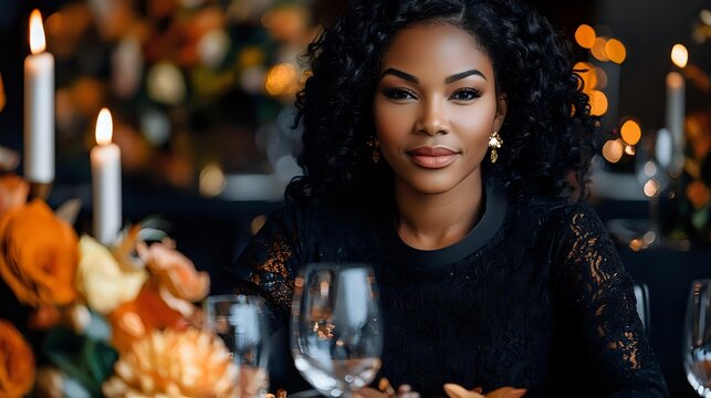 Young African American woman with curly hair smiling at romantic dinner table with candles, wine glasses and floral decorations creating intimate atmosphere for special occasion.