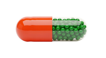 Isolated capsule with tiny green spheres inside, medical supplement, close-up, vitamins