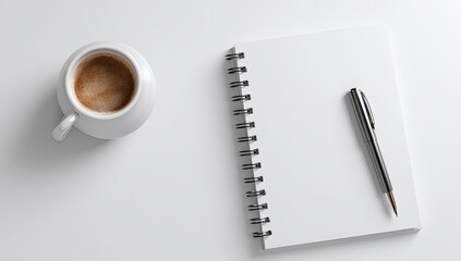 White coffee cup, spiral notebook, and pen on white surface (1)