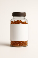 Pills Bottle: A close-up shot of a transparent glass bottle filled with health supplements, featuring a blank label ready for branding.