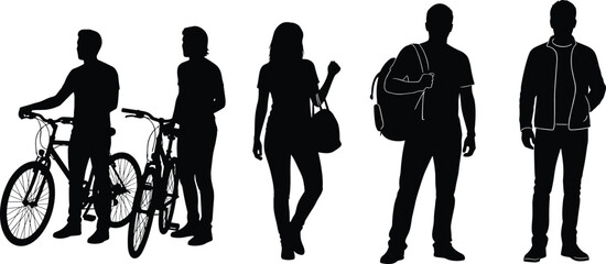 Silhouette people with bicycles and bags walking standing outdoor urban lifestyle transportation commuting travel vector illustration isolated on white background