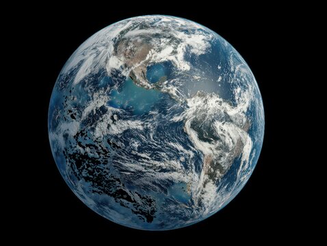 Isolated blue planet earth globe rotating in black space with clouds and continents like America and Europe is a global 3d sphere. - Powered by Adobe