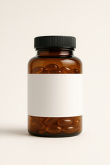 Wellness in a Bottle: A close-up shot of a dark amber glass bottle, tightly sealed with a black cap, filled with amber-colored capsules or supplements, the blank label ready for personalization.