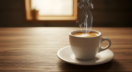 Steaming Cup of Espresso on Rustic Wooden Table with Calm Nostalgic Atmosphere