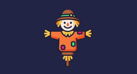 Smiling scarecrow with straw hat and arms outstretched, autumnal colors.