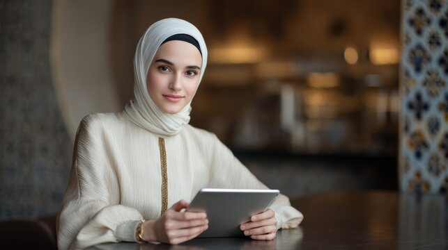 Elegant young muslim woman in hijab uses tablet at cafe connecting with digital world in sophisticated and modern setting - Powered by Adobe