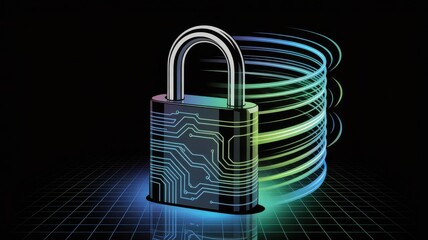 Digital padlock securing abstract data server with glowing circuitry and futuristic grid background