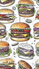 Hand-drawn burger pattern on white background