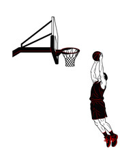 Basketball player in mid-air dunking ball into hoop illustration. Line work silhouette of a basketball player. © afthal