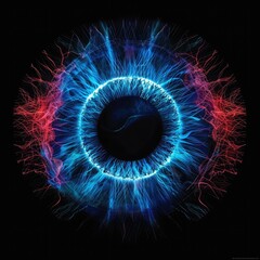 An abstract, eye-like image with vibrant blue and red energy flowing outwards from a central dark pupil, set against a black background
