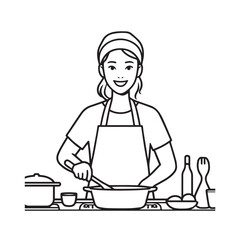 
Black and White Vector Illustration of a Smiling Woman Cooking in Kitchen with Apron and Headband