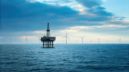 An offshore oil rig stands in the ocean, surrounded by wind turbines under a cloudy sky, symbolizing the blend of traditional and renewable energy sources.