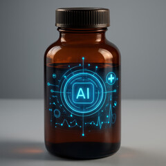 AI Medicine: A digital representation of medicine bottle, illuminated by a glowing blue AI interface, suggests advanced technological advancements within the healthcare sector.