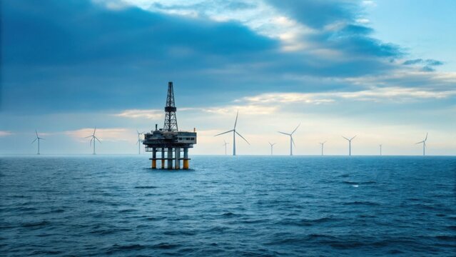 An offshore oil rig stands in the ocean, surrounded by wind turbines under a cloudy sky, symbolizing the blend of traditional and renewable energy sources.