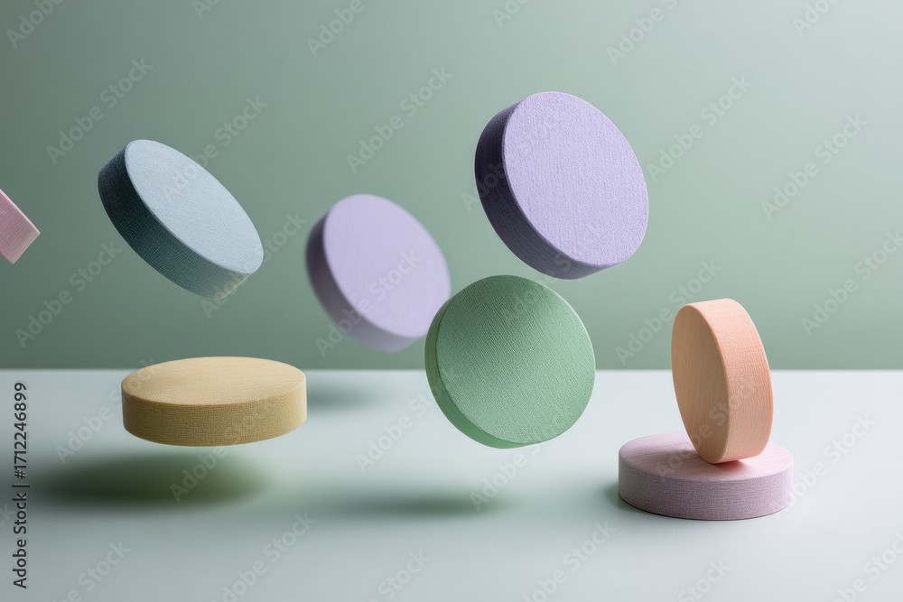 Poster pastel geometric shapes floating round forms soft colors minimalistic style abstract composition mod