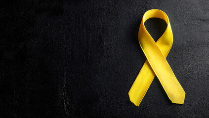 Yellow ribbon on black background, symbolizing cancer awareness and support with copy space for health campaigns and title banners

