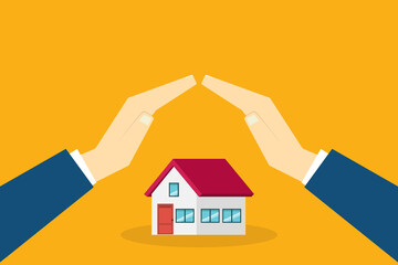 House with a protective hands. For security concepts, protection of private property. Insurance, mortgage, credit.	