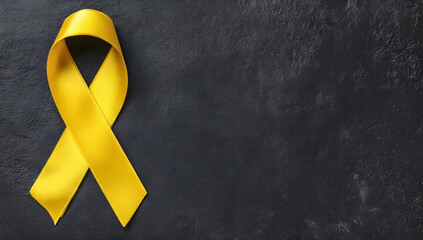 Yellow ribbon on black background, symbolizing cancer awareness and support with copy space for health campaigns and title banners
