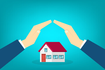 House with a protective hands. For security concepts, protection of private property. Insurance, mortgage, credit.	