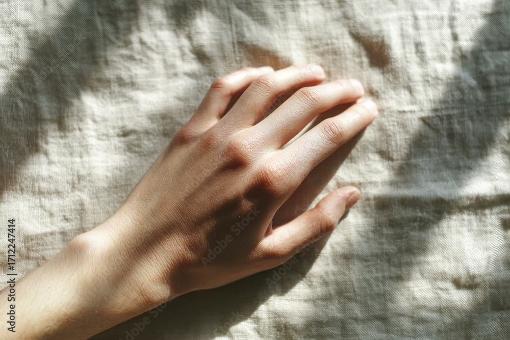 Aufkleber hand linen surface natural light shadow skin texture closeup relaxed hand resting linen surface with