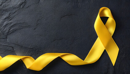Yellow ribbon on black background, symbolizing cancer awareness and support with copy space for health campaigns and title banners
