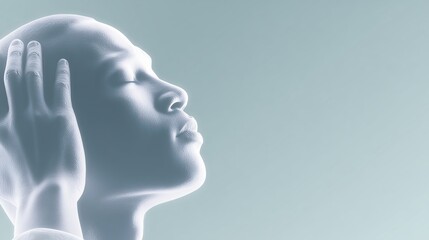 Abstract illustration of a serene figure with a smooth, translucent surface, gently holding their head, conveying a sense of calmness and introspection in a minimalist environment