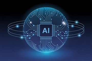 Futuristic concept design of artificial intelligence within a global network of interconnected digital circuit connections and data flow.