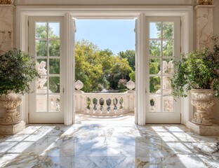 Fototapeta premium Sunlight streams through grand double doors onto a marble floor, revealing a lush garden beyond a balustrade
