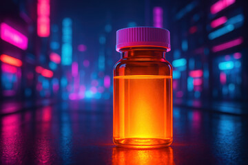 Glowing Medicine Bottle in City: An illuminated glass bottle, filled with a vibrant, golden liquid, stands in sharp focus against a blurred backdrop of a city skyline.