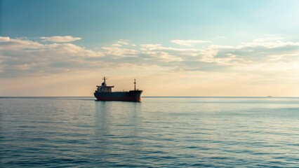 Obraz premium A serene scene featuring a cargo ship sailing on calm waters under a clear sky, evoking tranquility and maritime themes.